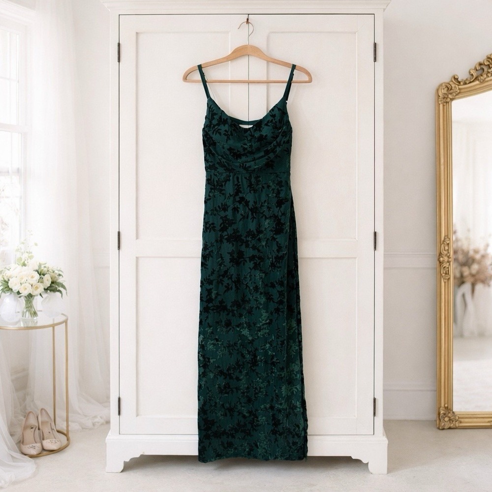 Revelry Floral Deep Forest Fairy Green Burnout Velvet Dress Side Slits Size 0